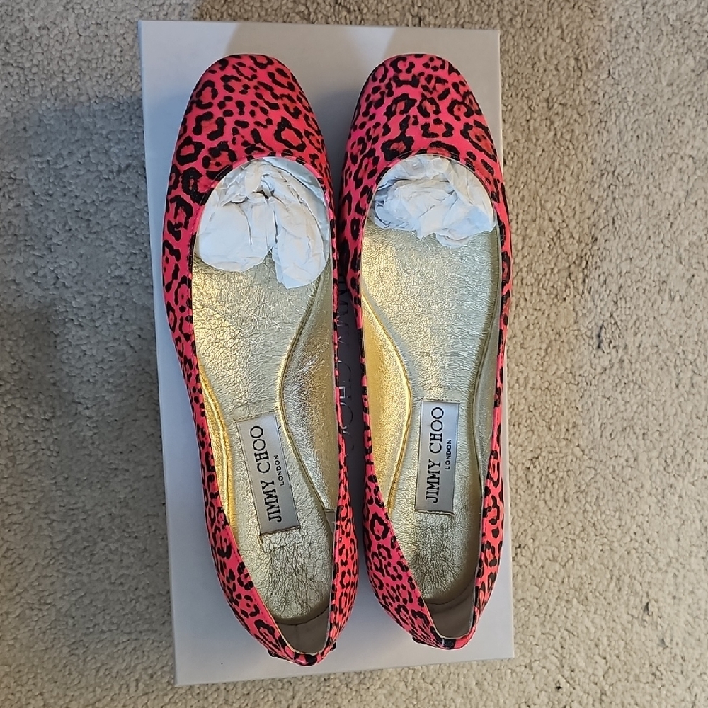 Jimmy Choo Neon Pink Leopard Ballet Flats with Gold Insole